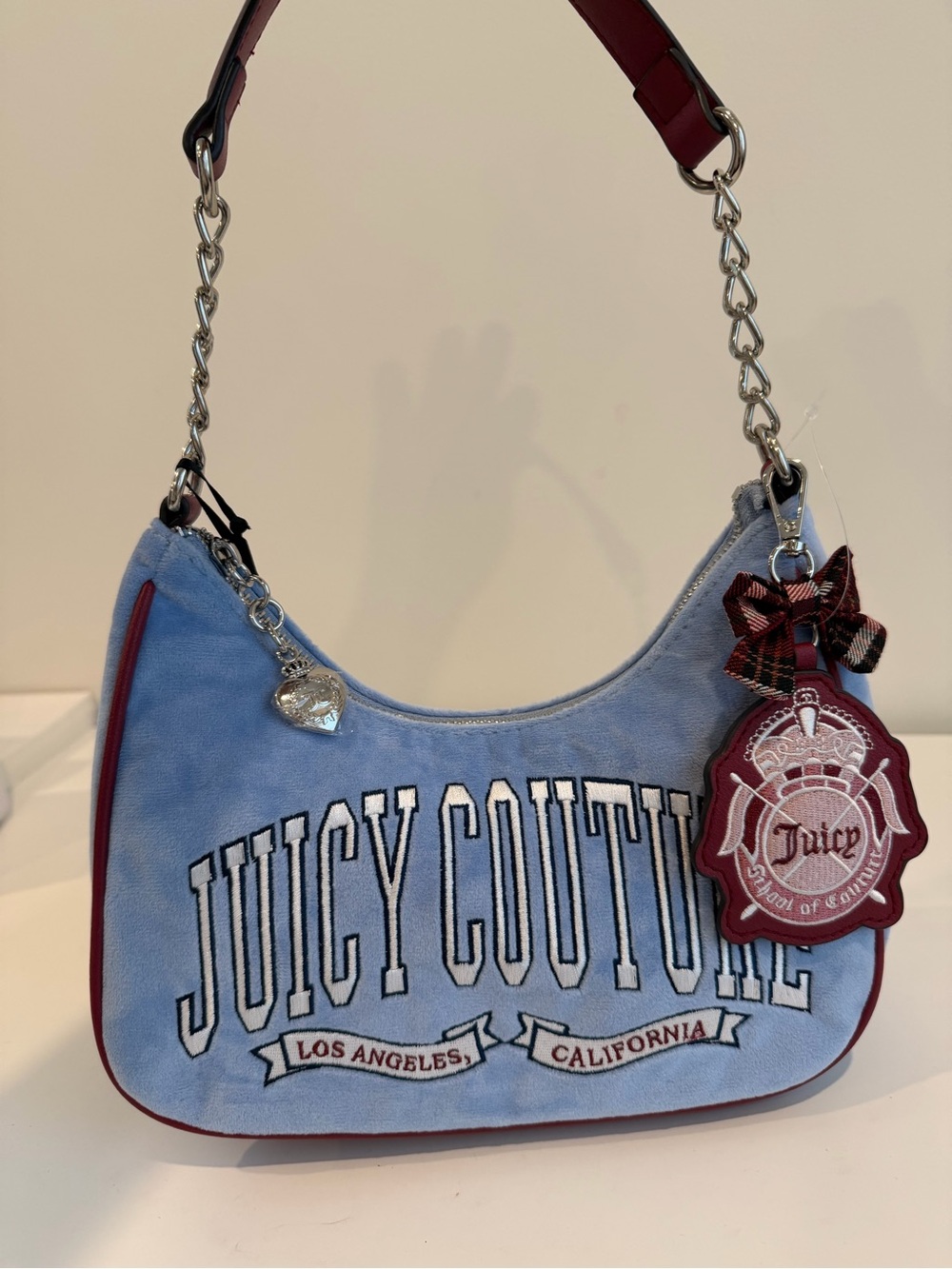 Juicy Couture Light Blue Suede Shoulder Bag with Burgundy Trim